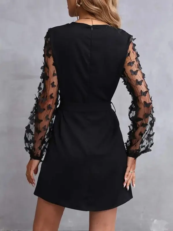 Women's Long Sleeve Turtleneck Sleeves Tulle Butterfly Detailed Imported Crepe Dress - 5