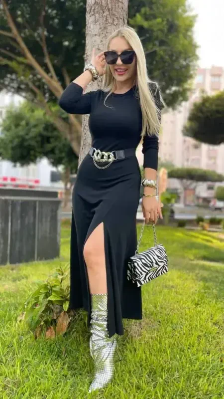 Women's Long Sleeve Turtleneck Slit Belted Long strawberry Dress - 2