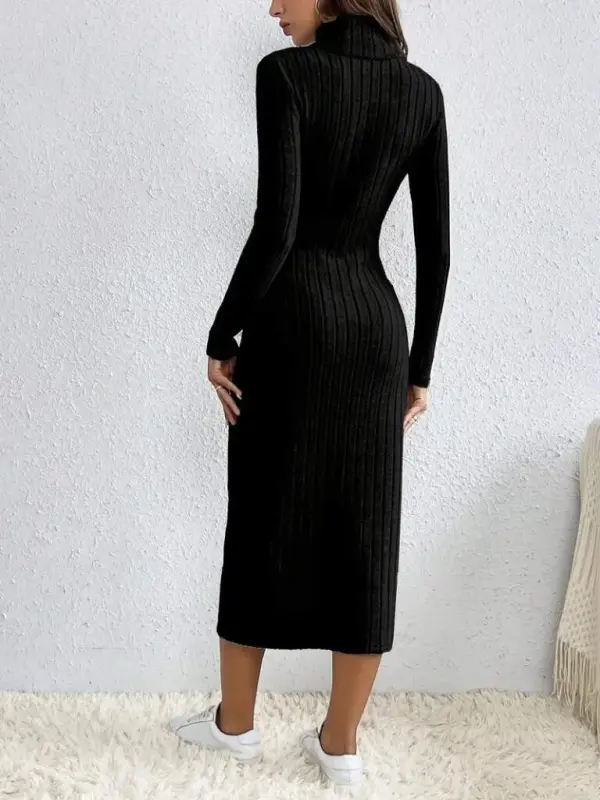 Women's Long Sleeve Turtleneck Slit Buttoned Brushed Ribbed Dress - 3