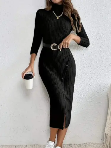 Women's Long Sleeve Turtleneck Slit Buttoned Brushed Ribbed Dress - 4