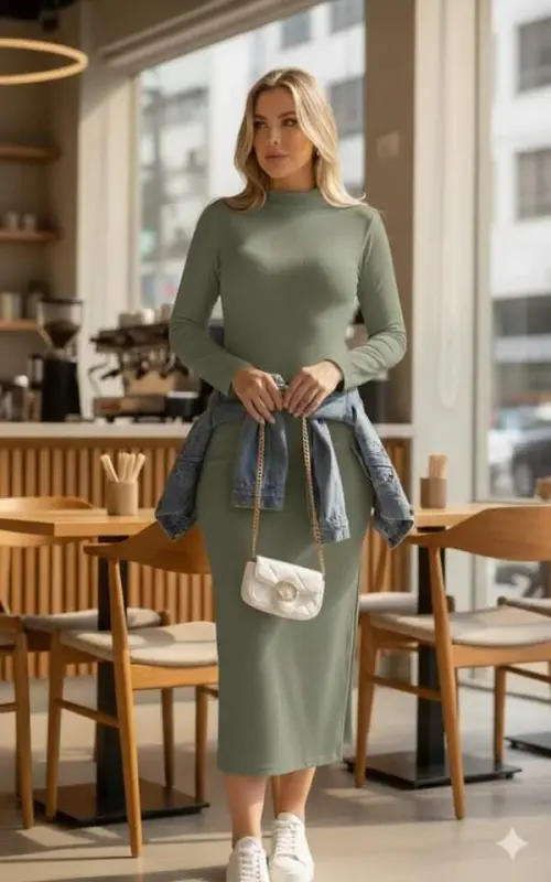 Women's Long Sleeve Turtleneck Slit Side Ribbed Maxi Dress - 1