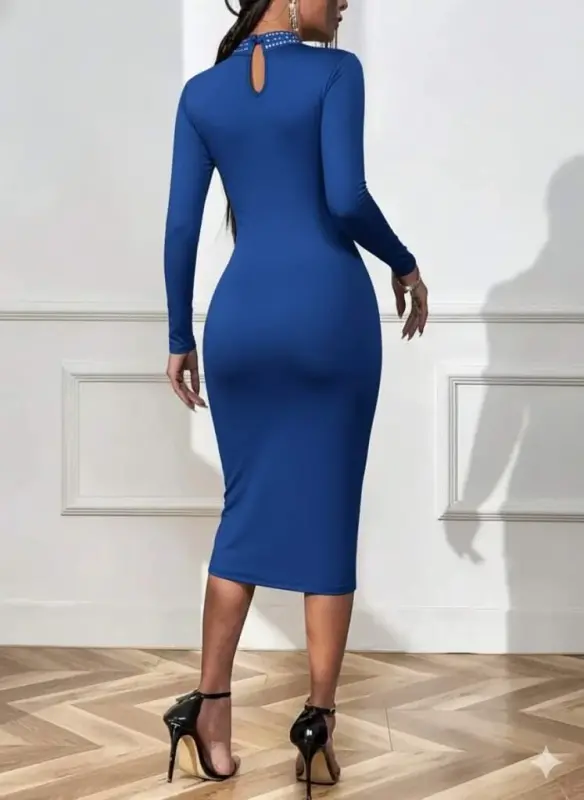 Women's Long Sleeve Turtleneck Stone Detailed Drop Detail Midi Imported Crepe Dress - 3