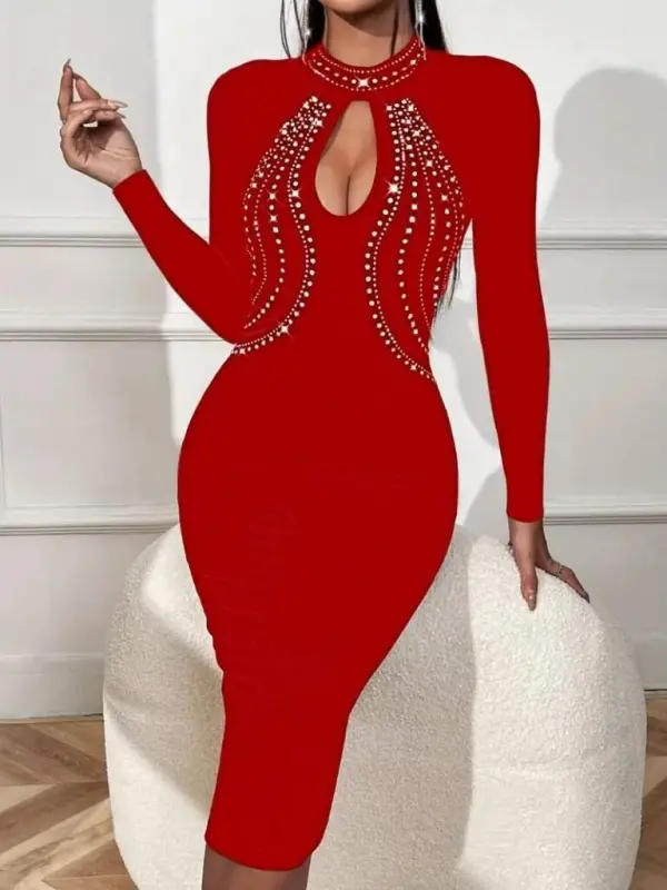 Women's Long Sleeve Turtleneck Stone Detailed Drop Detailed Midi Imported Crepe Dress - 1