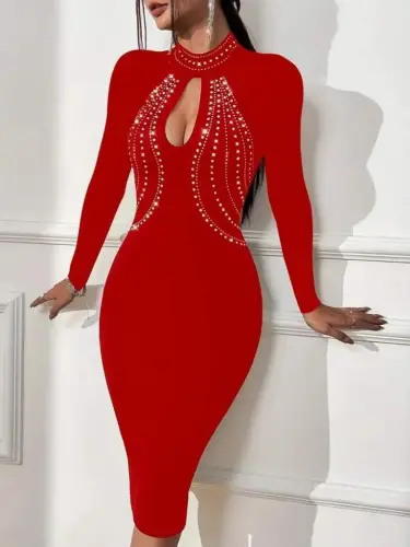 Women's Long Sleeve Turtleneck Stone Detailed Drop Detailed Midi Imported Crepe Dress - 2