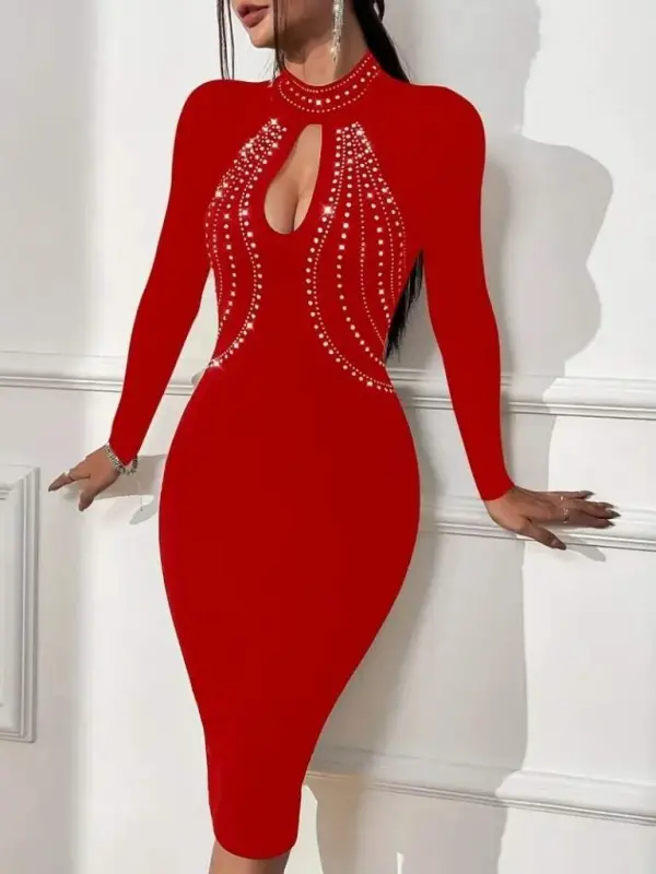 Women's Long Sleeve Turtleneck Stone Detailed Drop Detailed Midi Imported Crepe Dress - 2