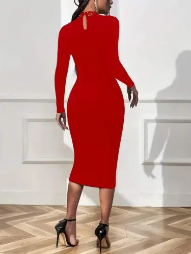 Women's Long Sleeve Turtleneck Stone Detailed Drop Detailed Midi Imported Crepe Dress - 3