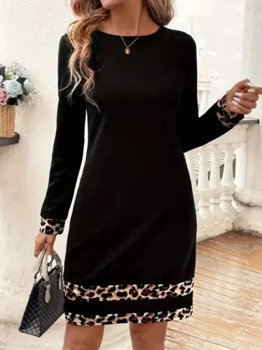 Women's Long Sleeve Turtleneck Striped Leopard Print Short Scuba Dress - 1