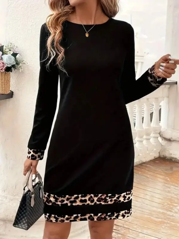 Women's Long Sleeve Turtleneck Striped Leopard Print Short Scuba Dress - 1