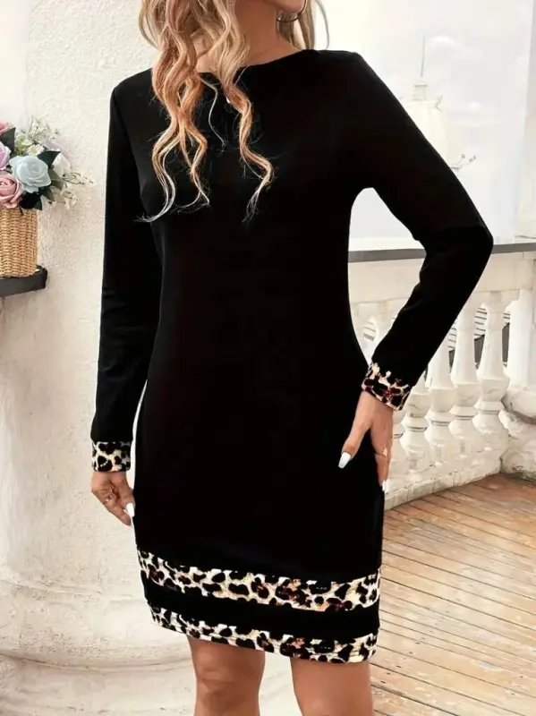 Women's Long Sleeve Turtleneck Striped Leopard Print Short Scuba Dress - 3