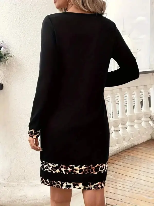 Women's Long Sleeve Turtleneck Striped Leopard Print Short Scuba Dress - 4