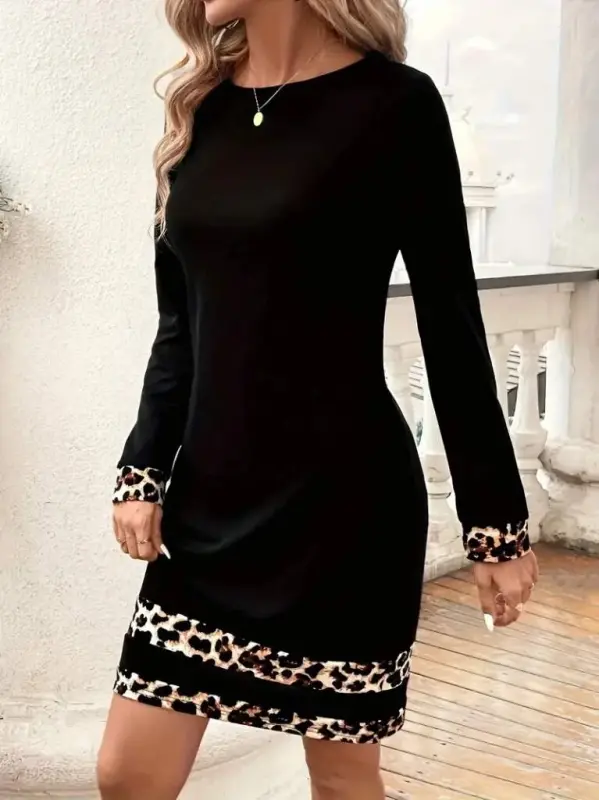 Women's Long Sleeve Turtleneck Striped Leopard Print Short Scuba Dress - 5