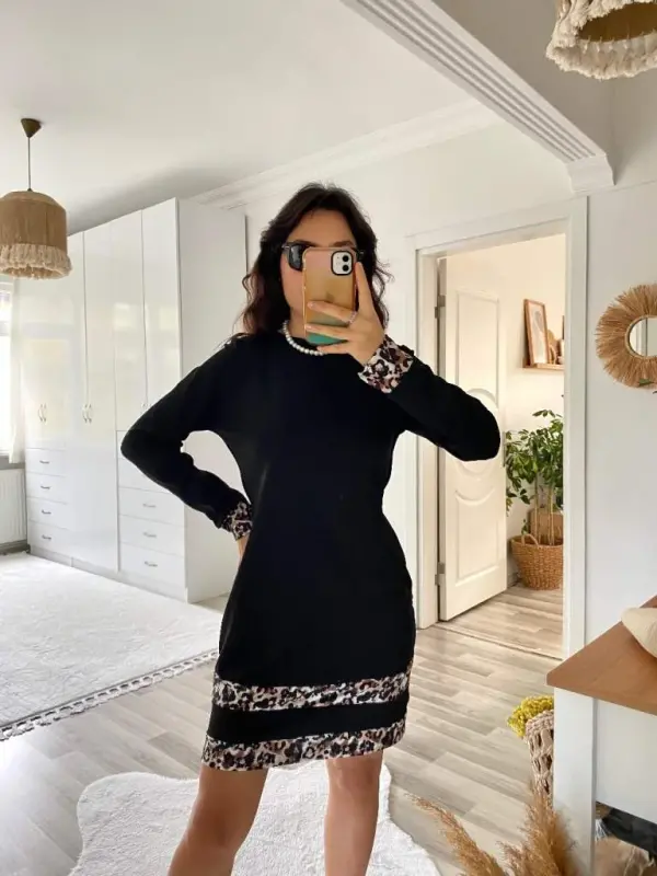 Women's Long Sleeve Turtleneck Striped Leopard Print Short Scuba Dress - 9