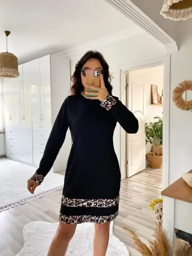 Women's Long Sleeve Turtleneck Striped Leopard Print Short Scuba Dress - 11