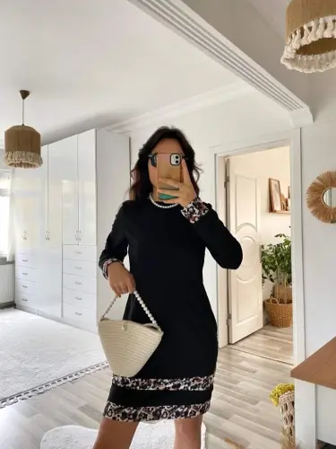 Women's Long Sleeve Turtleneck Striped Leopard Print Short Scuba Dress - 13