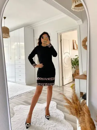 Women's Long Sleeve Turtleneck Striped Leopard Print Short Scuba Dress - 15