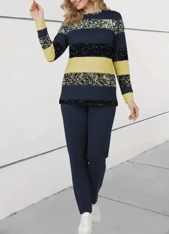 Women's Long Sleeve Turtleneck Striped Pattern Two Thread Blouse and Pants Set - 1