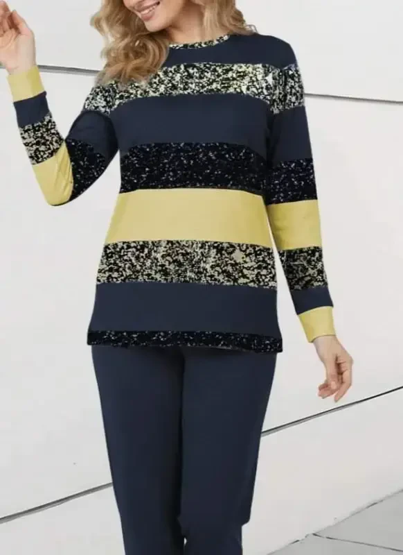 Women's Long Sleeve Turtleneck Striped Pattern Two Thread Blouse and Pants Set - 2