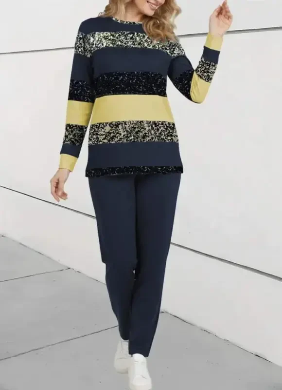 Women's Long Sleeve Turtleneck Striped Pattern Two Thread Blouse and Pants Set - 4