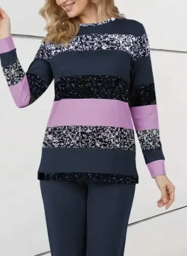 Women's Long Sleeve Turtleneck Striped Pattern Two Thread Blouse And Pants Set - 9