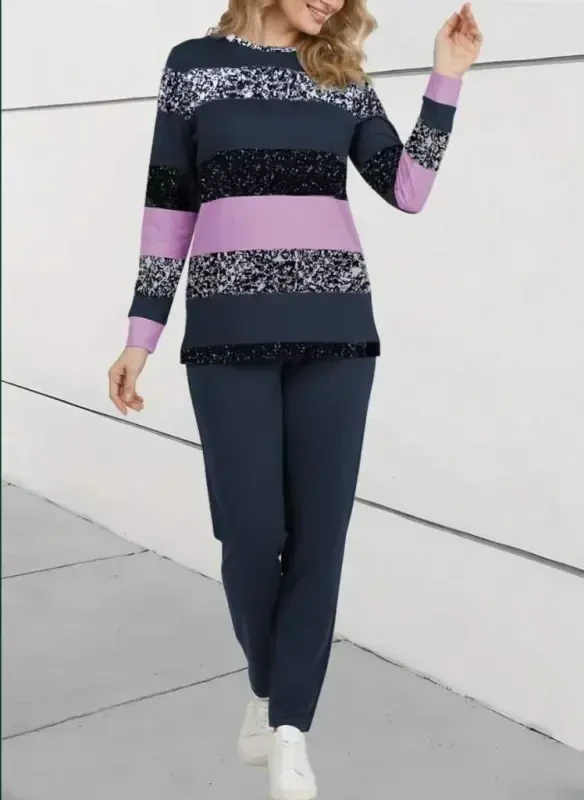 Women's Long Sleeve Turtleneck Striped Pattern Two Thread Blouse And Pants Set - 7