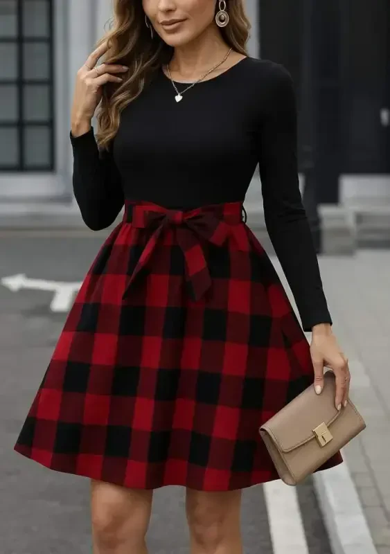 Women's Long Sleeve Turtleneck Top Viscose Plaid Short Dress - 1