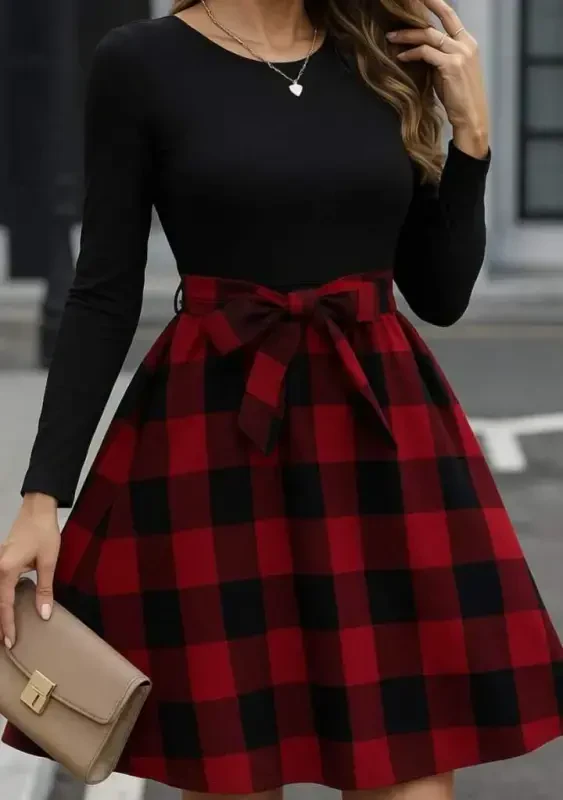 Women's Long Sleeve Turtleneck Top Viscose Plaid Short Dress - 2