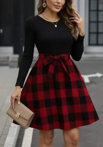 Women's Long Sleeve Turtleneck Top Viscose Plaid Short Dress - 3