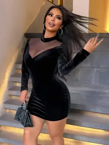 Women's Long Sleeve Turtleneck Tulle Detailed Mini Velvet Dress - 1