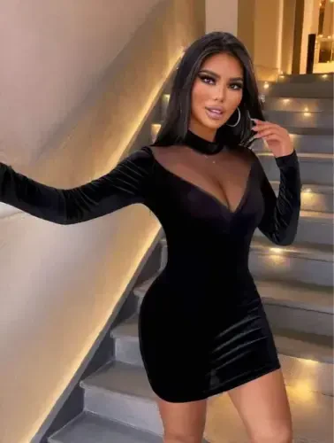 Women's Long Sleeve Turtleneck Tulle Detailed Mini Velvet Dress - BÜYÜKBEDENIZ (1)