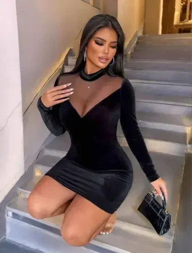 Women's Long Sleeve Turtleneck Tulle Detailed Mini Velvet Dress - 4