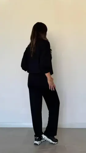 Women's Long Sleeve Turtleneck Viscose Two Thread Blouse and Pants Set - 3