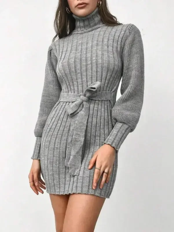 Women's Long Sleeve Turtleneck Waist Belted Mini Knitted Dress - 1
