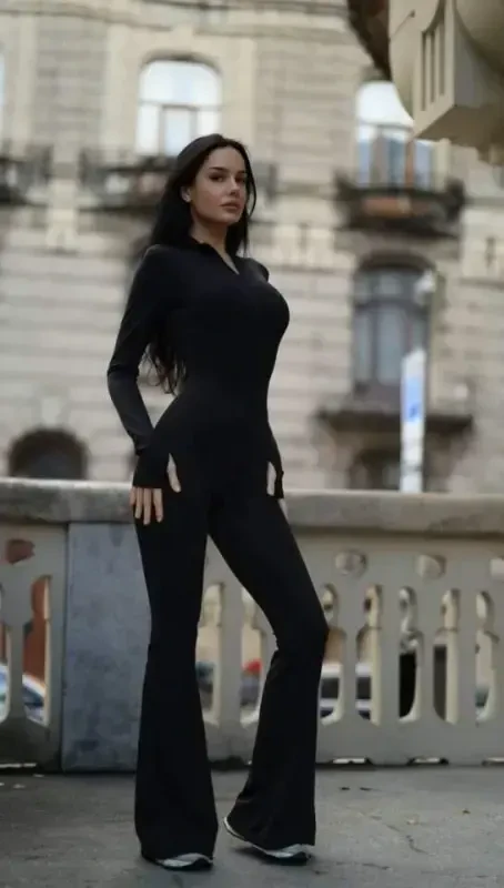 Women's Long Sleeve Turtleneck Zipper Detail Flared Jumpsuit - 2