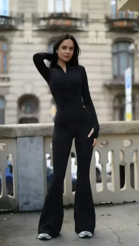 Women's Long Sleeve Turtleneck Zipper Detail Flared Jumpsuit - 3