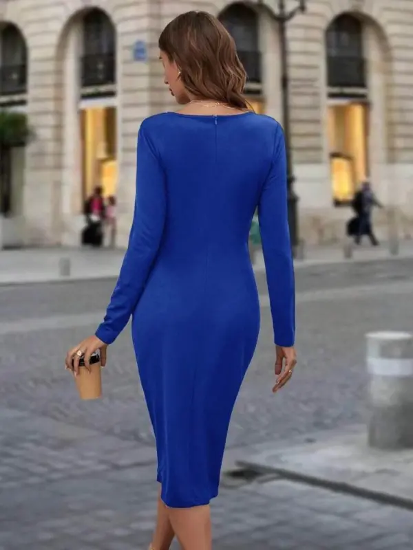 Women's Long Sleeve Turtleneck Zipper Detailed Slit Midi Crepe Dress - 3