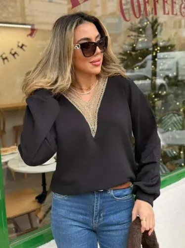 Women's Long Sleeve V Lace Collar Uncombed Three Thread Blouse - 1