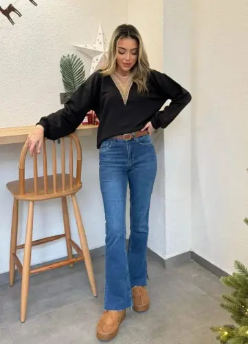 Women's Long Sleeve V Lace Collar Uncombed Three Thread Blouse - BÜYÜKBEDENIZ (1)