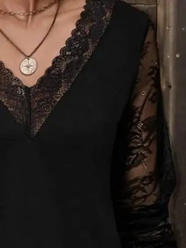 Women's Long Sleeve V Lace Collar Viscose Blouse - BÜYÜKBEDENIZ (1)