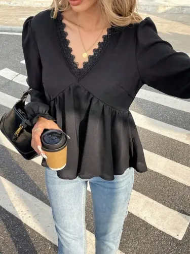 Women's Long Sleeve V Lace Neck Aerobin Blouse - BÜYÜKBEDENIZ (1)