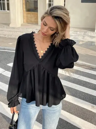 Women's Long Sleeve V Lace Neck Aerobin Blouse - 3