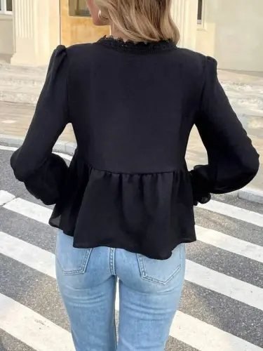 Women's Long Sleeve V Lace Neck Aerobin Blouse - 4