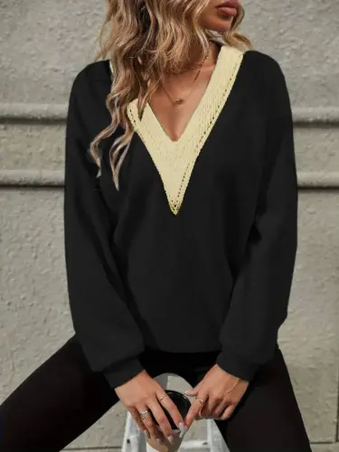 Women's Long Sleeve V Lace Neck Uncombed Three Thread Blouse - 1