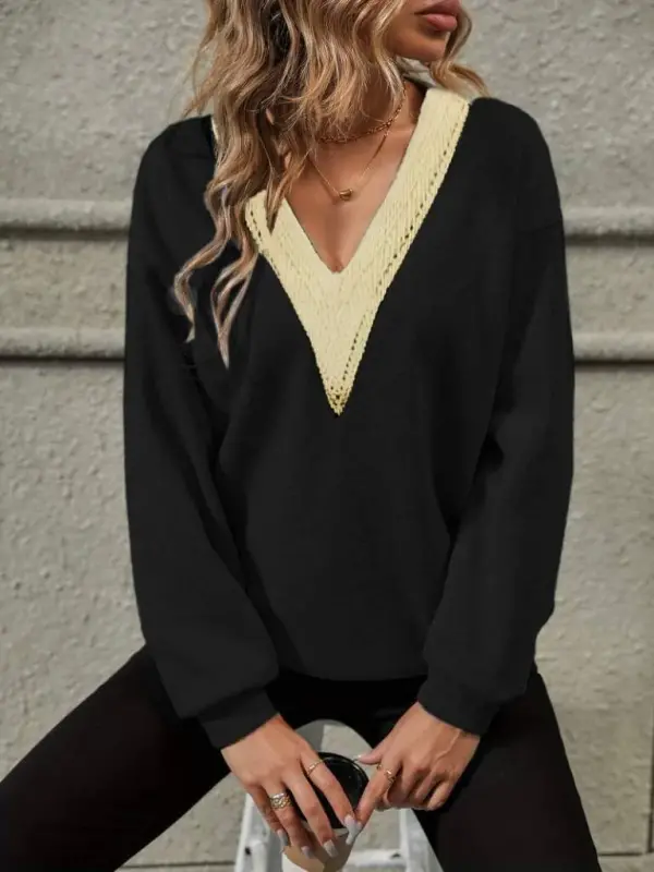 Women's Long Sleeve V Lace Neck Uncombed Three Thread Blouse - BÜYÜKBEDENIZ