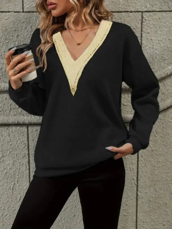 Women's Long Sleeve V Lace Neck Uncombed Three Thread Blouse - 2