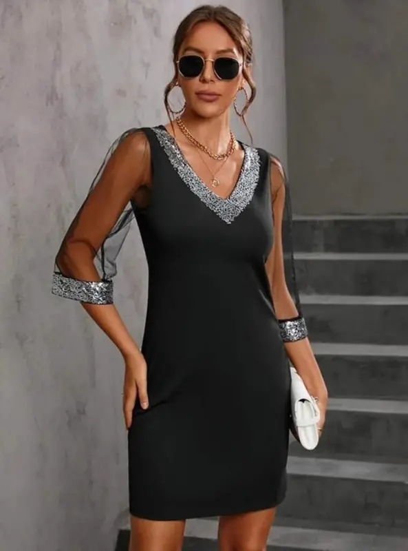 Women's Long Sleeve V Neck And Cuff Sequin Embellished Crepe Dress - 1