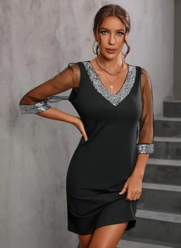 Women's Long Sleeve V Neck And Cuff Sequin Embellished Crepe Dress - 5