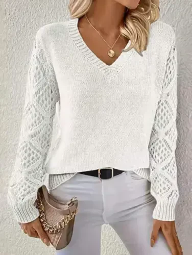 Women's Long Sleeve V Neck Arm Hole Argyle Pattern Detailed Knit Sweater - 1