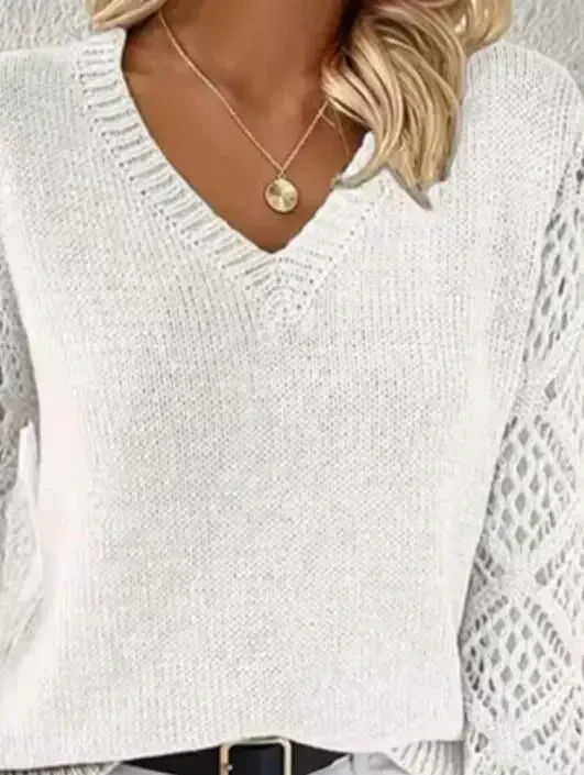 Women's Long Sleeve V Neck Arm Hole Argyle Pattern Detailed Knit Sweater - 2