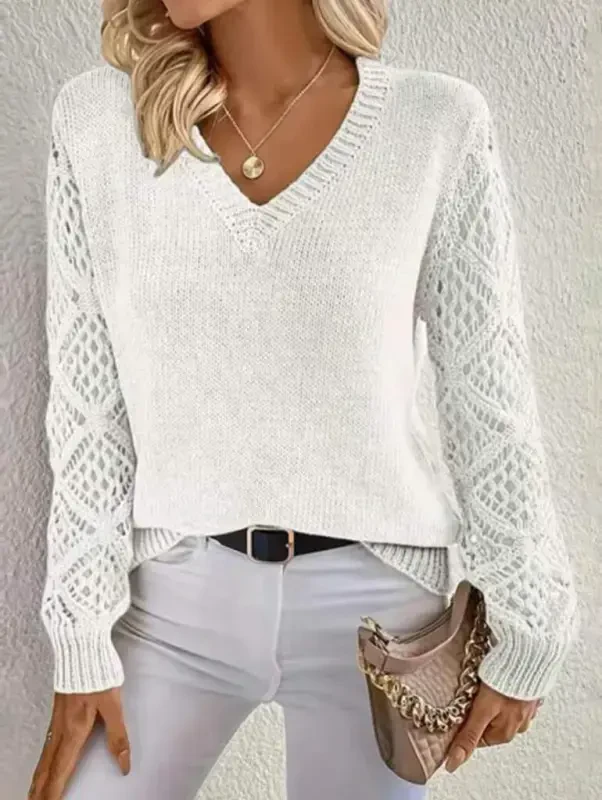 Women's Long Sleeve V Neck Arm Hole Argyle Pattern Detailed Knit Sweater - 3