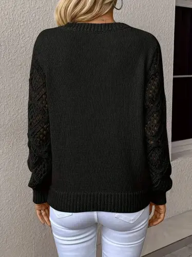 Women's Long Sleeve V Neck Arm Hole Diamond Pattern Detailed Knitted Sweater - 4